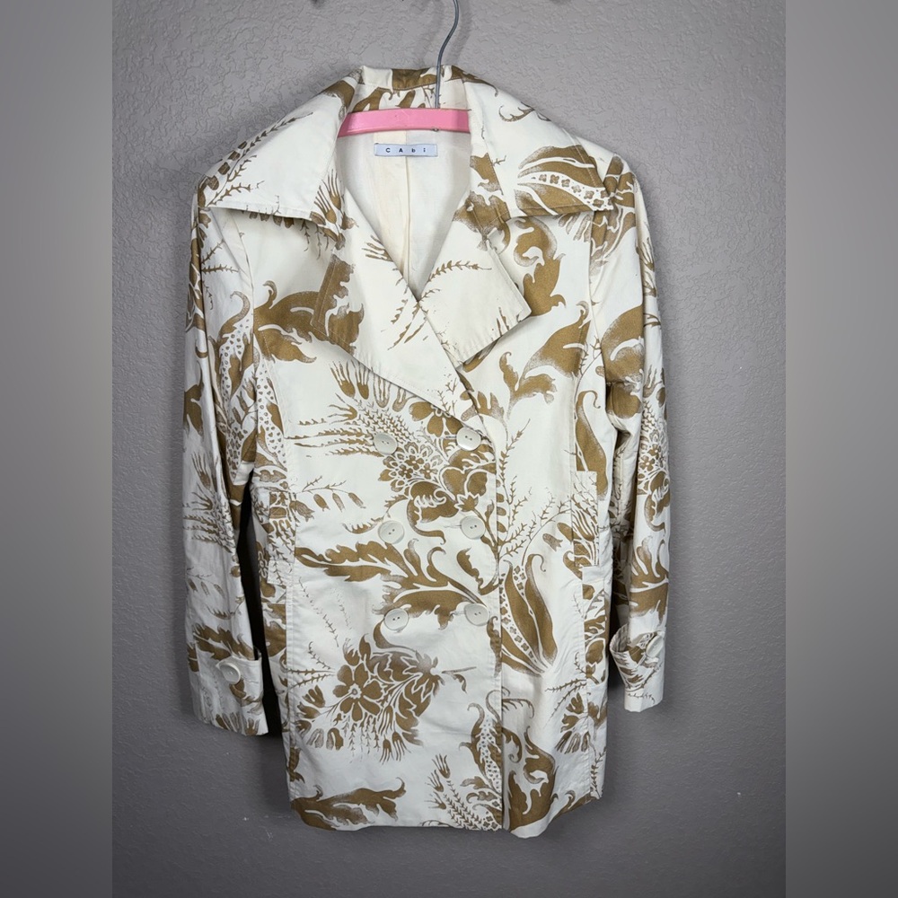 CAbi Cream and Brown Trench Coat with Elegant Floral Design